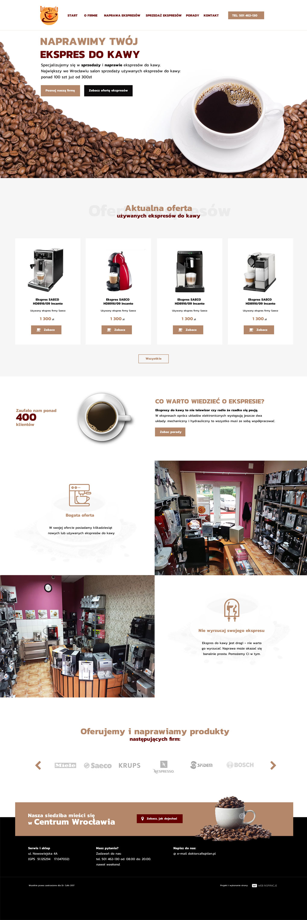 Doktor Cafe - Naprawa ekspresów do kawy – widok zrealizowanej strony internetowej