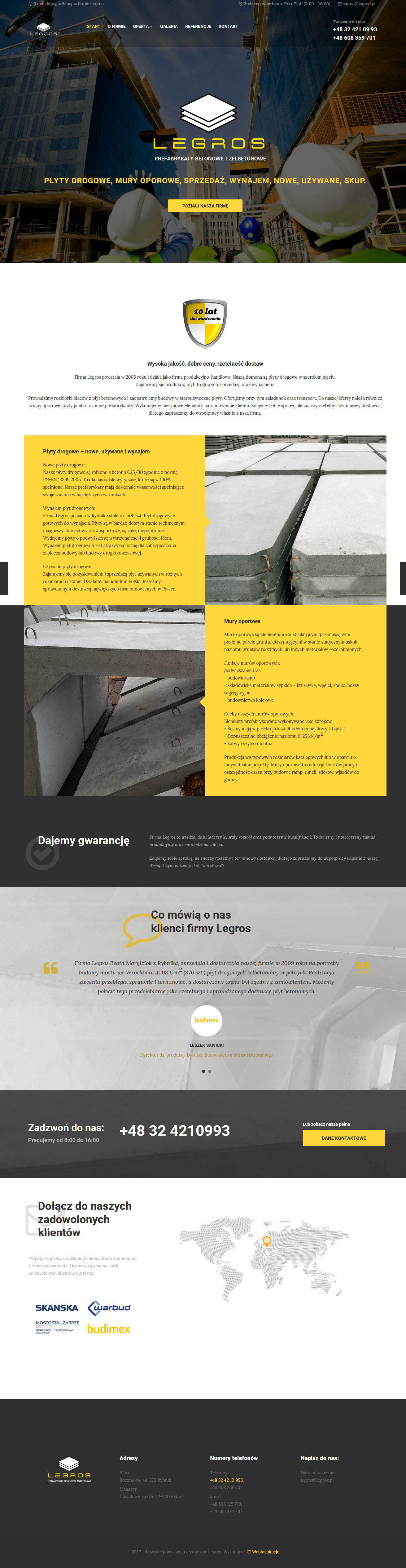 Legros - płyty drogowe, mury oporowe – widok zrealizowanej strony internetowej